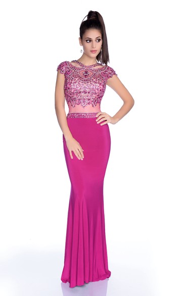 Form-Fitted Mermaid Cap Sleeve Jersey Prom Dress With Shining Bodice And Low-U Back