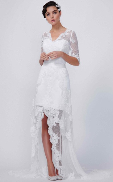 V-Neck Long Half Sleeve Lace Wedding Dress With Court Train And Illusion