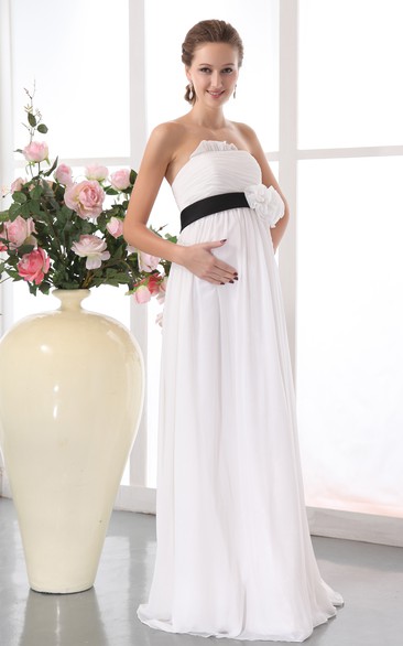 Strapless Chiffon Maternity Dress With Floral Waistband