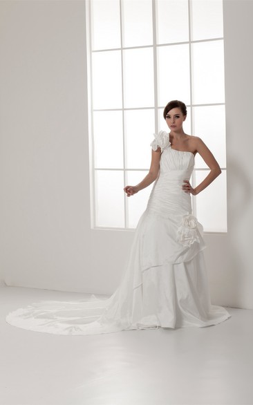 One-Shoulder A-Line Ruched Single Strap and Gown With Flower