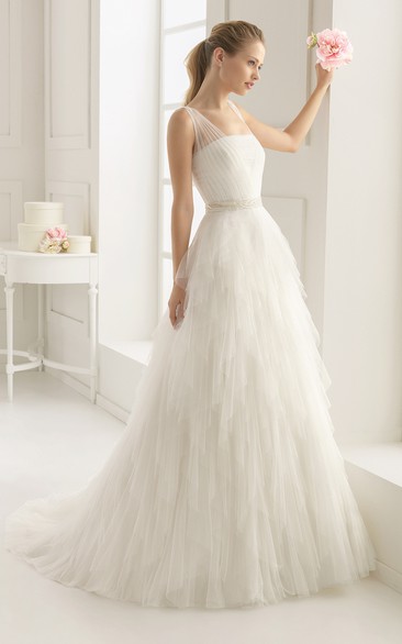 Stunning Top-Ruched Layered Gown With Beaded Tulle Straps