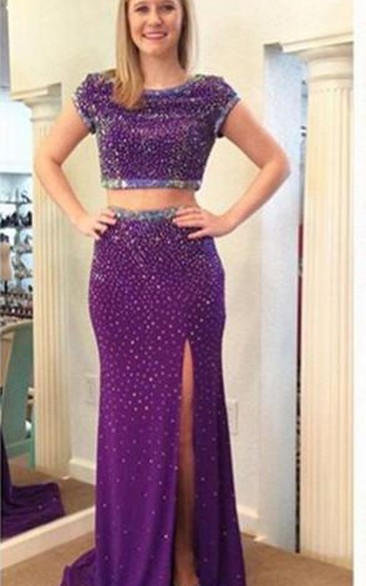 Stunning Two Piece Beadings Front Split Prom Dress Short Sleeve Sweep Train