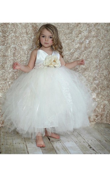V Neck Tiered Tulle Ball Gown With Flower Sash