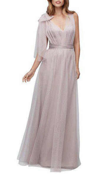 Tulle V-neck Long Bridesmaid Dress with Bow and Drapping