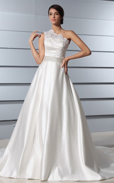 One-Shoulder A-Line Satin Dress With Lace Bodice and Chapel Train