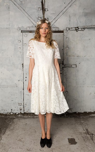 Short Sleeve Lace Knee Length A-Line Dress With Low-V Back