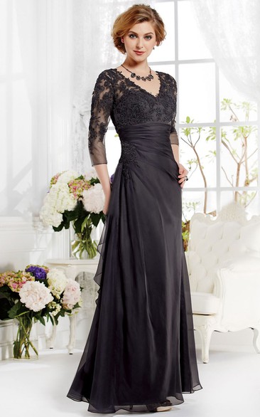 3-4 Sleeved V-Neck A-Line Gown With Appliques And Pleats