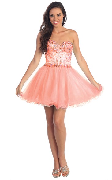 A-Line Short Sweetheart Sleeveless Tulle Corset Back Dress With Ruffles And Beading
