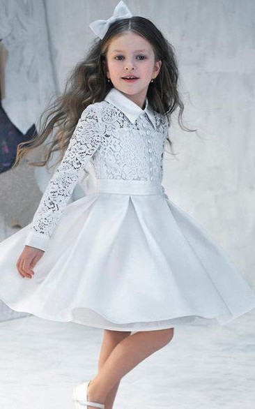 Flower Girl Shirt Style Taffeta A-line Short Dress With Lace Top