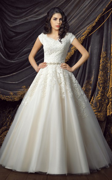 Princess Lace and Tulle Wedding Gown with Glittering Sash and Appliques
