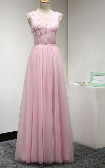 Illusion Jewel Neckline Pleated A-line Tulle Floor Length Dress With Flowers