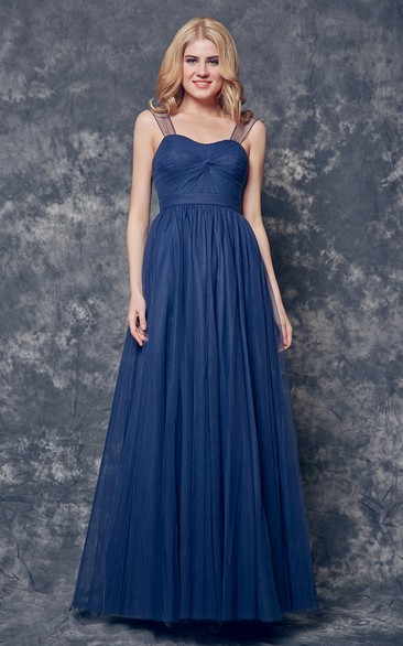 Cap Sleeve A-line Ruched Top Long Tulle Dress