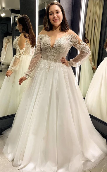 Off-the-shoulder Long Sleeve Ball Gown Empire Lace Plus Size Elegant Wedding Dress