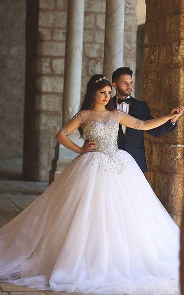 Glamorous Illusion Half Sleeve Tulle Wedding Dress Beadings Ball Gown