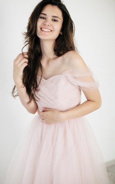 Off-The-Shoulder Tea Length A-Line Tulle Dress With Ruching