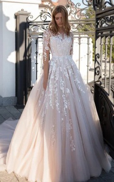 Simple Illusion Jewel A Line Lace Floor-length Long Sleeve Wedding Dress with Appliques