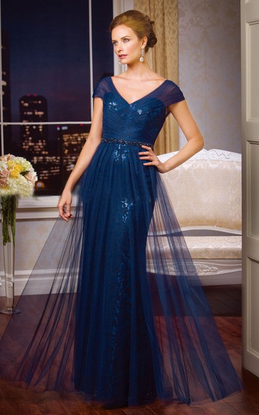 Cap-Sleeved V-Neck Long Mother Of The Bride Dress With Sequins And Tulle Overlay