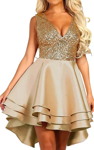 Satin Sequins High-Low Ball Gown Sleeveless Homecoming Dress with Ruffles