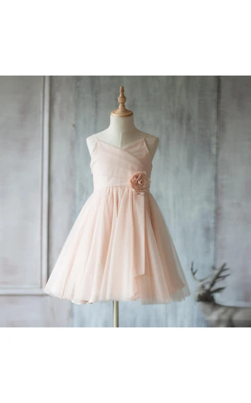 Spaghetti Straps V Neck A-line Pleated Tulle Short Dress With Flower