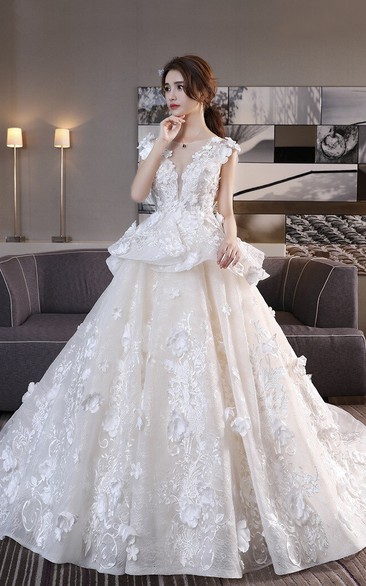 Princess Cap Sleeve 3D Floral Appliqued Lace Wedding Ball Gown With Peplum Skirt And Lace-up