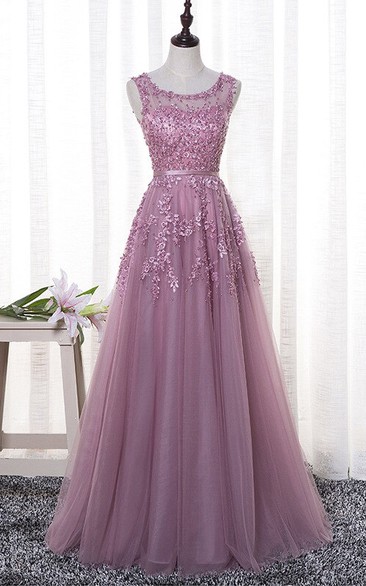 Romantic Bateau Sleeveless Tulle Floor-length Dress With Floral Appliques And Beading