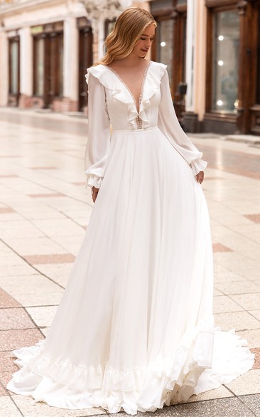 Vintage A Line Chiffon V-neck Court Train Wedding Dress with Ruching