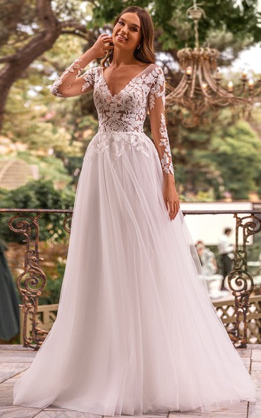 Elegant V-neck A Line Ball Gown Floor-length Court Train Long Sleeve Wedding Dress With Appliques