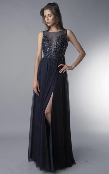 A-line Floor-length Jewel Sleeveless Tulle Low-V Back Dress