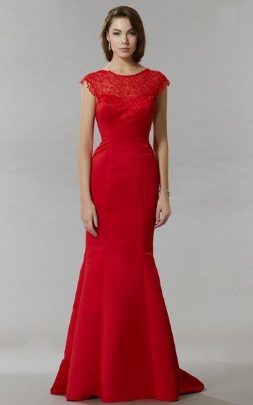Mermaid Cap-Sleeve Lace Scoop Maxi Satin Prom Dress With Low-V Back And Sweep Train