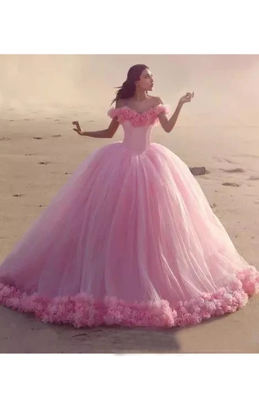 Off-the-shoulder Cap Short Sleeve Cathedral Train Tulle Ball Gown Dress