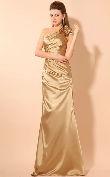 One-Shoulder Stretched Satin Dress With Flower and Ruching