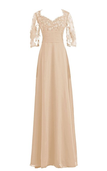 3-4 Lace Sleeve Full Length Gown With Ruched Waist
