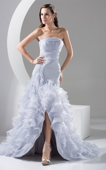 Sleeveless Front-Split Column Cascading Ruffles and Dress With Ruching