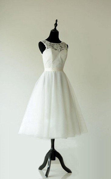 Tea Length A-Line Tulle Sleeveless Dress With Lace Top and Jewel Neck