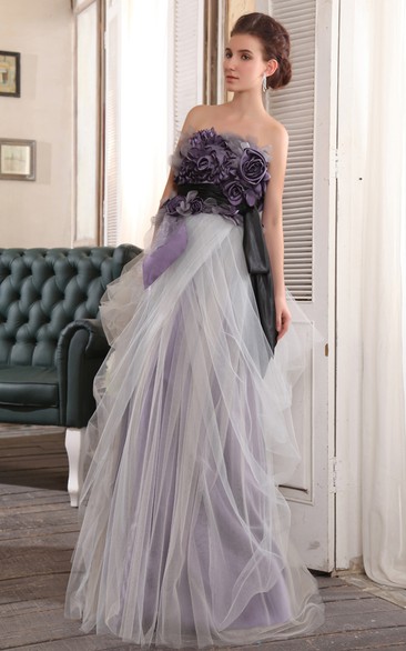 Elegant Strapless Floor-Length Dress With Floral Top