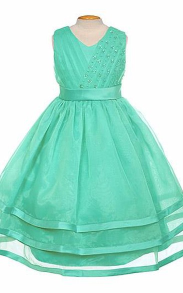 V-Neck Tea-Length Tiered Pleated Organza&Satin Flower Girl Dress With Sash