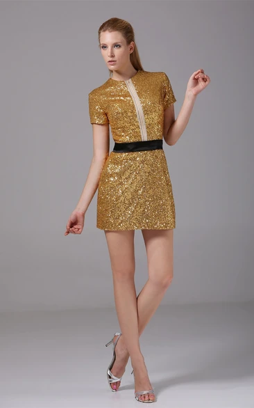 High-Neck Short Mini-Sleeve Sequins and Dress With Zipper