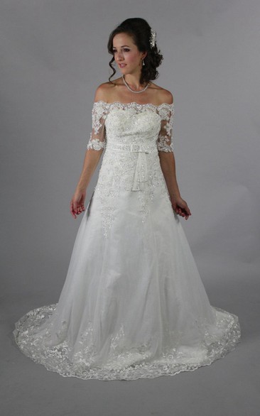 Off-The-Shoulder Half Sleeve A-Line Lace Dress With Lace-Up Back