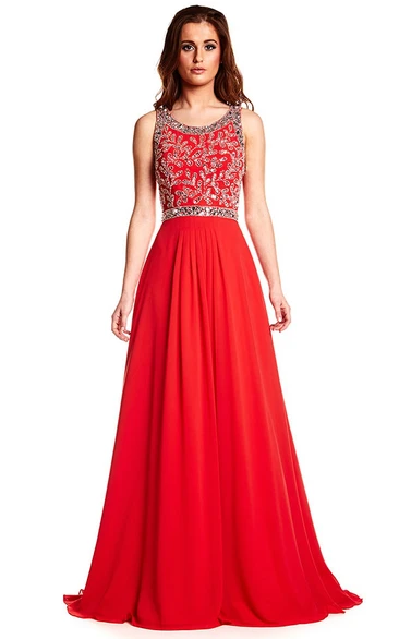 A-Line Scoop Sleeveless Beaded Floor-Length Chiffon Prom Dress With Zipper Back
