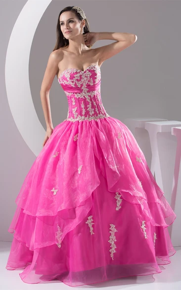 Sweetheart Pleated Ruched Bodice and Ball-Gown With Appliques