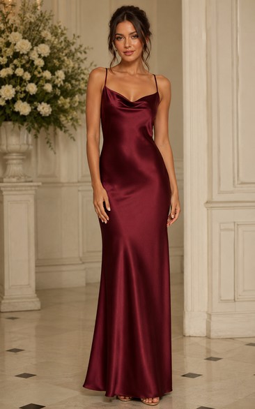 Burgundy Cowl Neck Satin Sheath Bridesmaid Dress