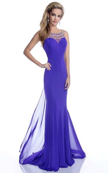Mermaid Chiffon Sleeveless Bateau Neck Prom Dress With Jeweled Back