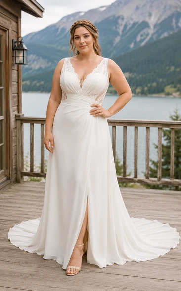 Robe de mariée de plage grande taille, simple, en mousseline, col V, coupe trapèze, avec fente.