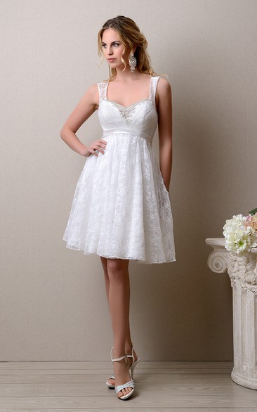 Knee Length A-Line Sleeveless Lace Wedding Dress With Beadings