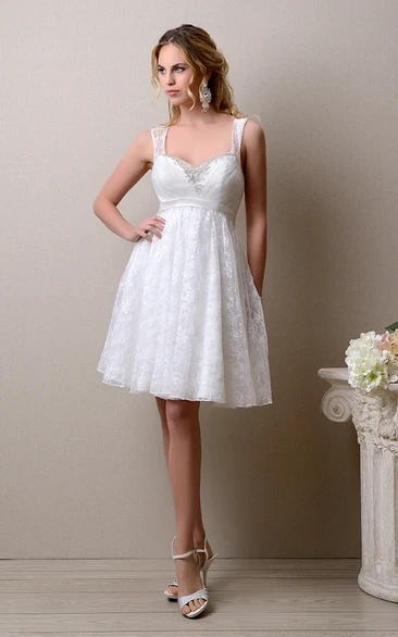 Knee Length A-Line Sleeveless Lace Wedding Dress With Beadings