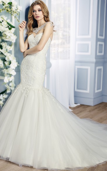 Mermaid Sleeveless Appliqued Floor-Length Tulle Wedding Dress With Ruffles And Backless Style