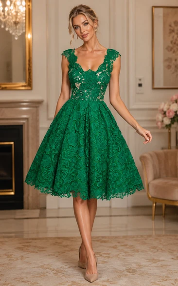 Cap Sleeve Scoop Neck A-line Knee Length Lace Dress