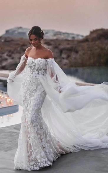 Tulle Flowy Off-the-shoulder Mermaid Lace Applique Wedding Dress