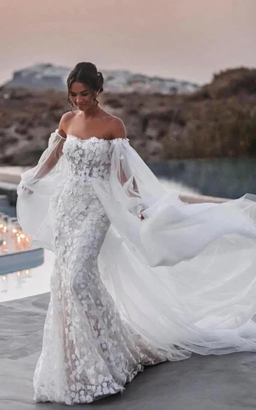 Tulle Flowy Off-the-shoulder Mermaid Lace Applique Wedding Dress