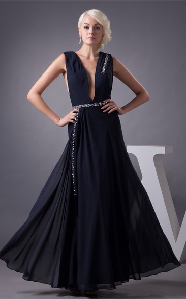 Plunged Chiffon Floor-Length Caped-Sleeve Dress With Gemmed Waist